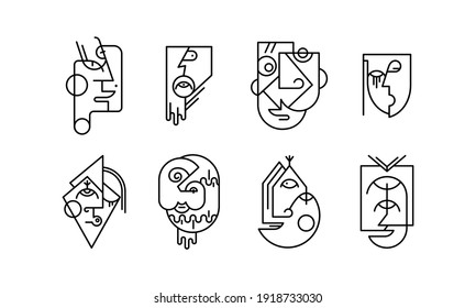 Juego de vectores de material de arte facial surrealista moderno cubismo. Estilo de línea delgada. Para el diseño de logotipo, etiqueta y emblema. Negro aislado sobre fondo blanco