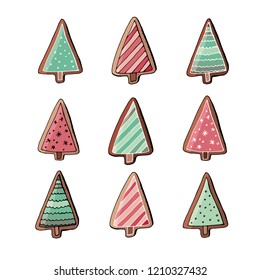 Stock vector set of nine green and pink christmas tree sweet desserts, cookies and gingerbreads with different ornaments. Isolated and hand drawn doodle new year background. Christmas festive card. 