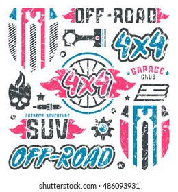 Stock vector set of off-road car badges. Graphic design elements with shabby texture for t-shirt. Color print on white background