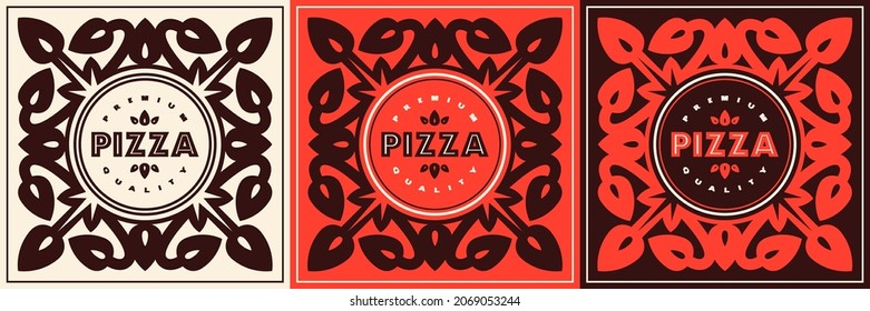 Stock vector set of pizza cover for boxes. Floral ornament and color variation