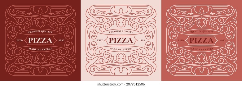 Juego vectorial de portada de pizza para cajas. Ornamento floral en línea delgada. Ilustración del vector