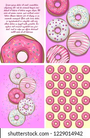 stock vector set of poster card pink donut with glaze in pink, pink background