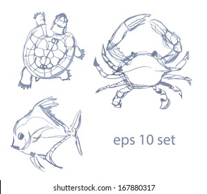 Stock vector set of sea creatures illustration in sketch style