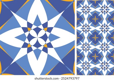 stock Conjunto de Vector de azulejos de cerámica sin patrón en color mediterráneo Azul y pizca de amarillo para la decoración interior de la pared del baño. 