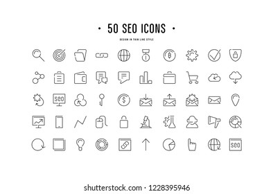 Stock vector set of seo optimization icons. Design elements in hair line style. Isolated on white background