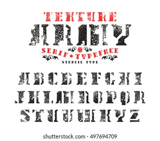 Stock vector set of serif stencil-plate font in military style. Typeface with splatter texture