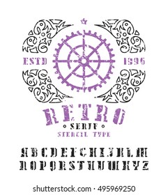 Stock vector set of  stencil-plate serif font and decorative frame. Bold typeface with shabby texture