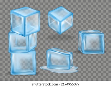 stock vector set of transparent ice cubes realistic. blue ice cubes stack. illustration blue ice collection.
