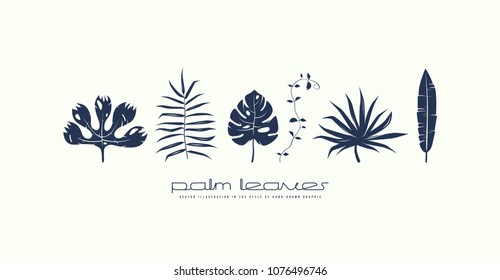 Stock vector set of tropical plant leaves. Black print on white backdrop