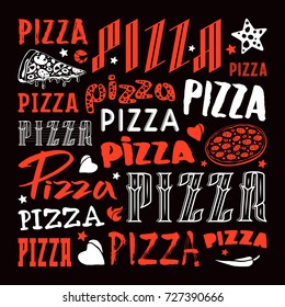 Stock vector set of typographic pizza logo and cover for boxes. Color print on black background