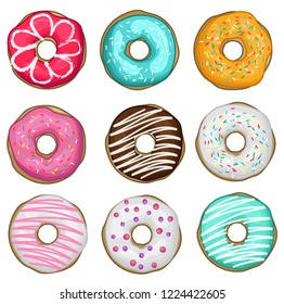 stock vector set of various colorful donuts isolated on white background top view