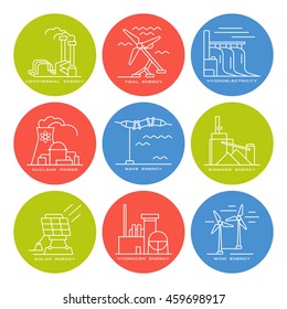 Stock vector set of web icons on electricity generation plants and sources. Illustration in thin line style