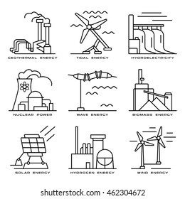 Conjunto vectorial de material de iconos web sobre plantas y fuentes de generación de electricidad. Ilustración en estilo de línea delgada