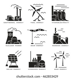 Stock vector set of web icons on electricity generation plants and sources. Black print on white background