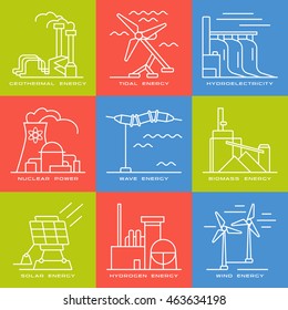 Stock vector set of web icons on electricity generation plants and sources. Illustration in thin line style