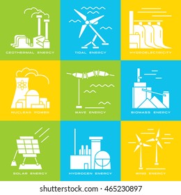 Stock vector set of web icons on electricity generation plants and sources. Illustration in flat style