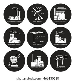 Stock vector set of web icons on electricity generation plants and sources
