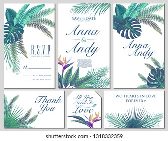 stock vector set of wedding invitation with summer exotic tropical leaves design in white background illustration