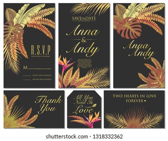 stock vector set of wedding invitation with summer exotic tropical leaves design in black background illustration