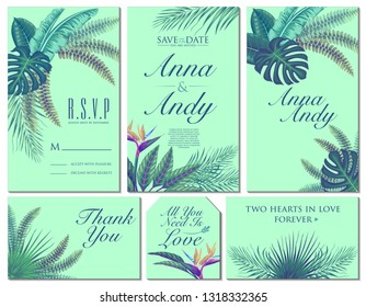 stock vector set of wedding invitation with summer exotic tropical leaves design in light blue background illustration