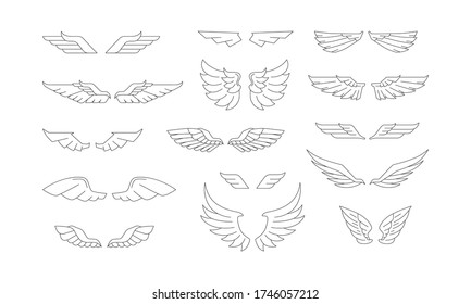 Stock vector set of wings silhouettes. For logo, emblem and heraldic design in thin line style