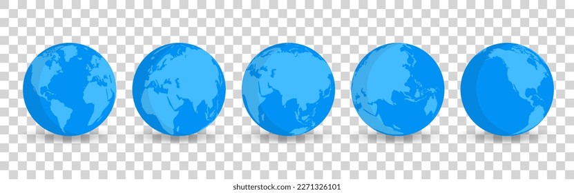 Stock Vector Set of the world map with transparent background, featuring the continents of Asia, Africa, America, and Europe - perfect for travel concepts. Globe map icon.Earth globe hemispheres icon.