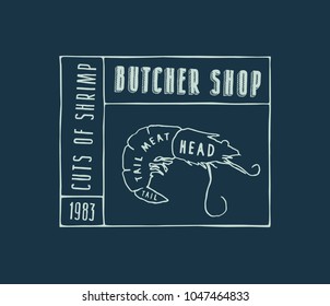 Stock vector shrimp cuts diagram in the style of handmade graphics. Label template for butcher shop. Color print on dark blue background