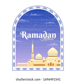 stock vector of sign and symbol of ramadan kareem with great mosque building. house of worship, architectural concept flat vector illustration