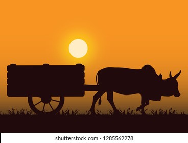 stock vector silhouette cattle pull a wooden cart with yellow sunset. countryside living concept graphic illustration