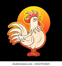stock vector silhouette crowing rooster in the grassland with yellow sunset. countryside living concept graphic illustration