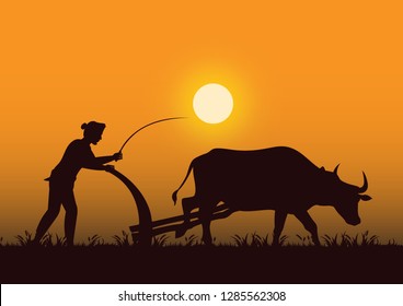 stock vector silhouette farmer plowing cow in the field with sunset. countryside living concept graphic illustration
