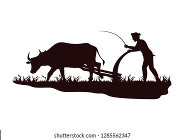 stock vector silhouette farmer plowing cow in the field. countryside living concept graphic illustration