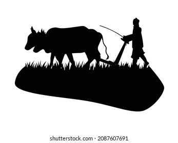 granjero de silueta vectorial de stock arando vaca en el campo. ilustración gráfica del concepto de vida rural, gráfico de vectores de arrastre de agricultores