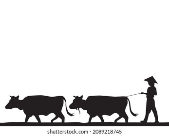 stock vector silhouette farmer plowing cow in the field. countryside living concept graphic illustration, Farmer Plowing Vector Graphic