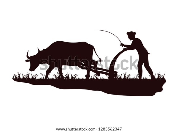 stock vector\
silhouette farmer plowing cow in the field. countryside living\
concept graphic\
illustration