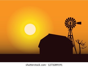 stock vector silhouette windmill and barn in the grassland. countryside living concept graphic illustration