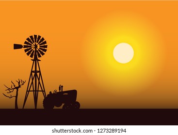 stock vector silhouette windmill and tractor in the grassland. countryside living concept graphic illustration