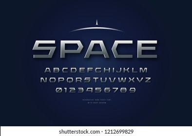 Stock vector silver colored and metal chrome extended font, alphabet, typography. Futuristic style typeset. Letters and numbers for sci-fi, cinema, space logo and headline design