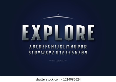 Stock vector silver colored and metal chrome narrow font, alphabet, typography. Futuristic style typeset. Letters and numbers for sci-fi, cinema, space logo and headline design