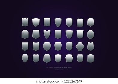 Stock vector silver colored and metal chrome shields silhouettes. Graphic design backgrounds for logo and emblems
