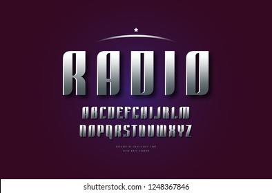 Stock vector silver colored and metal chrome narrow sans serif font, alphabet, typeface. Letters and numbers for space, movie and racing logo design in retro style