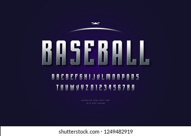 Stock vector silver colored and metal chrome narrow sans serif font, alphabet, typeface. Letters and numbers for college sport team logo design