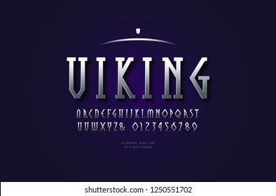 Stock vector silver colored and metal chrome geometric serif font, alphabet, typeface. Letters and numbers for movie, viking and game logo design