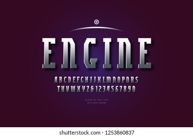 Stock vector silver colored and metal chrome narrow slab serif font, alphabet, typeface. Letters and numbers for logo design