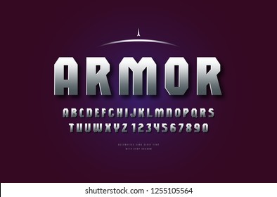 Stock vector silver colored and metal chrome geometric sans serif font, alphabet, typeface. Letters and numbers for movie, military and space logo design