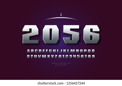 Stock vector silver colored and metal chrome geometric sans serif font, alphabet, typeface. Letters and numbers for movie, military and space logo design