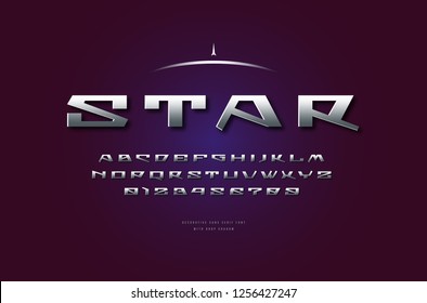 Stock vector silver colored and metal chrome geometric sans serif font, alphabet, typeface. Letters and numbers for sci-fi, military, space logo and title design in futuristic style