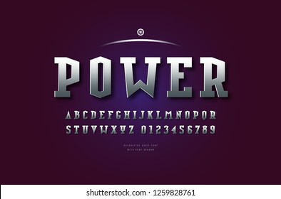 Stock vector silver colored and metal chrome serif font, alphabet, typeface. Futuristic style typeset. Letters and numbers for sci-fi, cinema, space logo and headline design