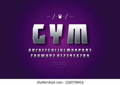 Stock vector silver colored and metal chrome sans serif font, alphabet, typeface. Letters and numbers for gym, workout, sport logo and headline design