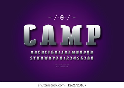 Stock vector silver colored and metal chrome serif font, alphabet, typeface. Letters and numbers for camp, military, adventure logo and emblem design